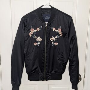 American Eagle Outfitters Black Satin Floral  Embroidered Bomber Jacket Size XS